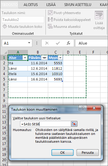 Taulukon koon muuttaminen