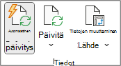 Valintanauhan Analysoi pivot-taulukko -välilehden Tiedot-ryhmä. Tietoryhmä sisältää Automaattinen päivitys-, Päivitä- ja Muuta tietolähdettä -painikkeet.