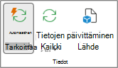 Valintanauhan Analysoi pivot-taulukko -välilehden Tiedot-ryhmä. Tietoryhmä sisältää Automaattinen päivitys-, Päivitä- ja Muuta tietolähdettä -painikkeet.