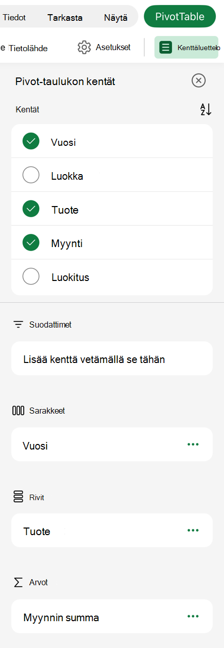 Pivot-taulukko iPadin kenttäluettelossa