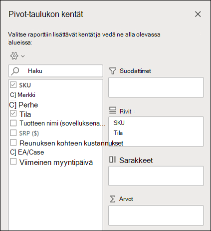 Pivot-taulukon kentät Excelin verkkoversiossa
