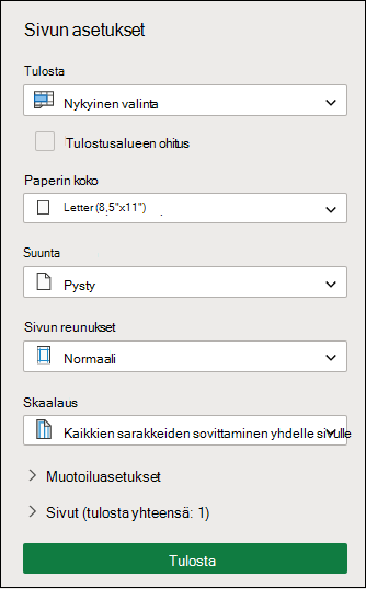 Tulosta nykyinen valinta Excelin verkkoversiossa