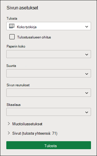 Koko työkirjan tulostaminen Excelin verkkoversiossa
