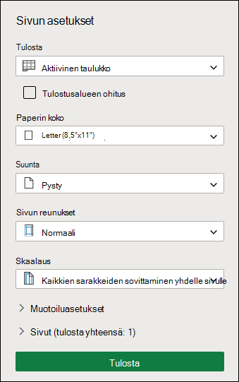 Tulostimen asetukset -näyttö