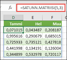 SATUNN.MATRIISI-funktio Excelissä. SATUNN.MATRIISI(5;3) palauttaa satunnaisia arvoja väliltä 0–1 viisi riviä korkeasta ja kolme saraketta leveästä matriisista.