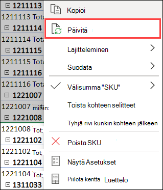 Pivot-taulukon päivittäminen