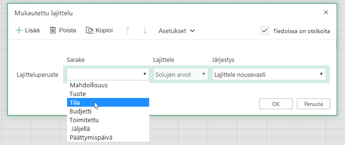 Valitse sarake Mukautettu lajittelu -valintaikkunassa