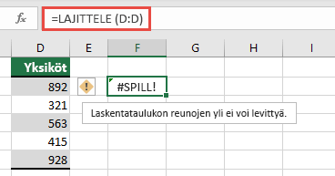 #SPILL! -virheen, jossa solun F2 =LAJITTELE(D:D) jatkuu työkirjan reunojen ulkopuolelle. Siirrä se soluun F1, niin se toimii oikein.