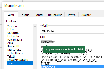 Esimerkki Muotoile > solujen > lukuja > mukautetusti -valintaikkunasta, jossa Excel luo muotoilumerkkijonot puolestasi.