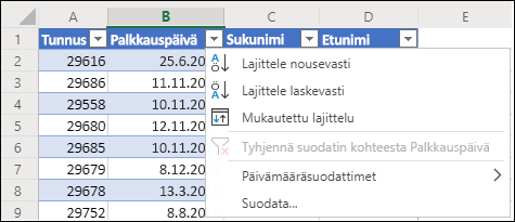 Lajittele nousevaan tai laskevaan järjestykseen Excelin taulukkosuodattimen avulla
