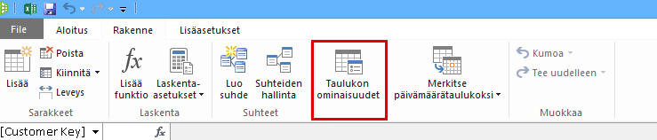 PowerPivot-ikkunan valintanauha, jossa näkyy Taulukon ominaisuudet -komento