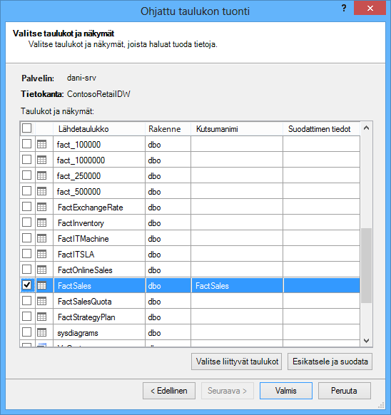 PowerPivot-apuohjelman ohjattu taulukon tuonti