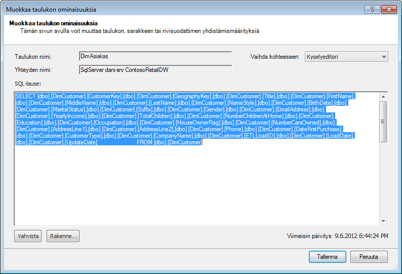 Tietojen hakemiseen käytetty SQL-kysely