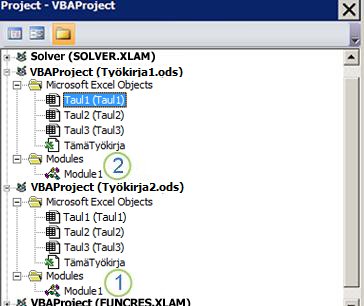 VBA:n Project Explorer -ruutu, jossa näkyvät VBAProject Book1.xlsm- ja VBAProject Book2.xlsm -projektipuut. Numero 1 merkitsee Moduuli1 Book2.xlsm-moduulien kansioon ja numero 2 merkitsee Moduulit-kansion Book1.xlsm-tiedoston alla, mikä osoittaa, mihin moduuli kopioidaan vetämällä.