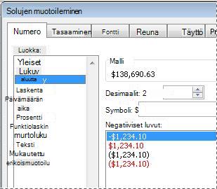 Muotoile solut -valintaikkuna