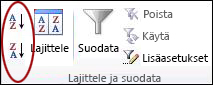 Excelin Tiedot-välilehden Lajittele & Suodata -ryhmän Lajittele-painikkeet