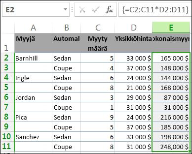 Matriisikaava laskee sarakkeen E summat