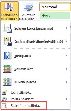 Ehdollisen muotoilun valikko, jossa Hallitse sääntöjä on korostettu