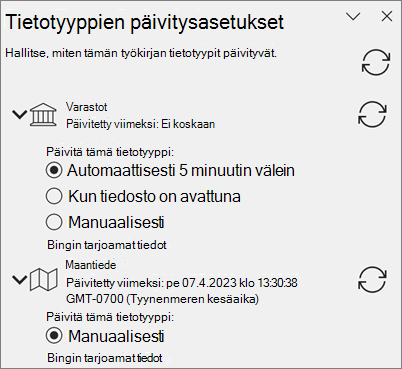 Tietotyyppien Päivitysasetukset-ruutu.