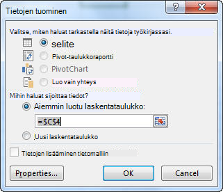 Excelin Tuo tiedot -valintaikkuna