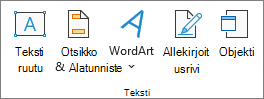 Näyttökuva Lisää-välilehden Teksti-ryhmästä.