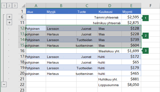 Tiedot, jotka on valittu ryhmiteltäväksi hierarkian tasolla 2.