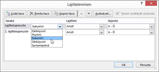 Valitse Sarake-kohdassa Lajitteluperuste ja valitse sitten haluamasi vaihtoehto