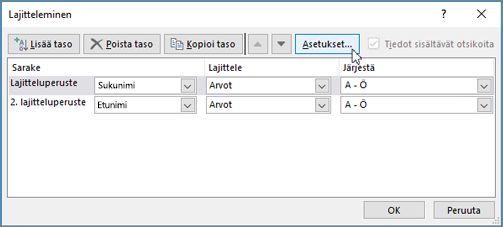 Avaa Lajittele-valintaikkuna napsauttamalla Lajittele