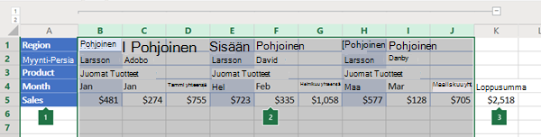Sarakkeiden jäsennys Excel Onlinessa
