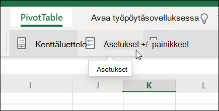 Pivot-taulukko-välilehden Asetukset-painike Excelin verkkoversiossa