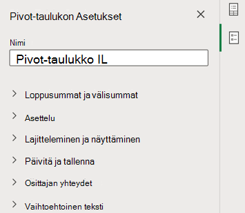Pivot-taulukon Asetukset-ruutu Excelin verkkoversiossa