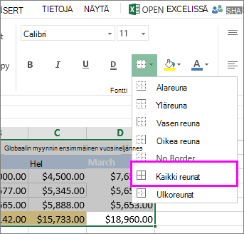 reunan lisääminen taulukkoon tai tietoalueeseen