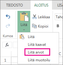 Liitä-komento ja Liitä arvot -vaihtoehto Excel Onlinessa