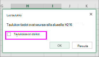 Valintaikkuna tietoalueen muuntamisesta taulukoksi