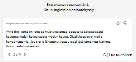 Kopioija luo ehdotetun kutsutekstin automaattisesti. Voit muokata tekstiä tässä tai valita Kirjoita uudelleen Copilotilla pyytääksesi sitä luomaan uuden version.