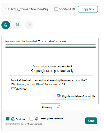 Voit lähettää lomakkeen usealla eri tavalla Lähetä ja kerää vastaukset -näytössä.