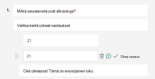 Mukautettu oikea vastausviesti Microsoft Forms