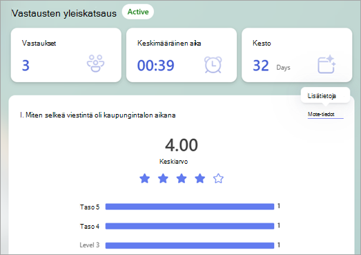 Vastausten yleiskatsaus näyttää vastausten yhteenvedon, jossa on Lisätietoja-linkkejä, joiden avulla voit tutustua kunkin vastauksen yksityiskohtiin.