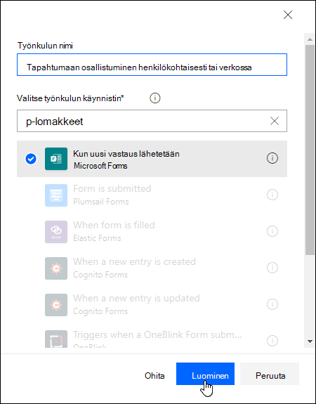 Työnkulkujen käynnistimen valitseminen Power Automatessa