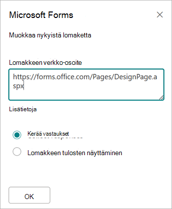 Lomakkeen osoite täytetään automaattisesti Lomakkeen verkko-osoite -kenttään.