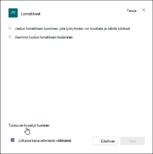 Teamsin Lomakkeet-valintaikkuna, jossa valitaan vaihtoehto Luo työnkulku vastausten automaattiseen keräämiseen