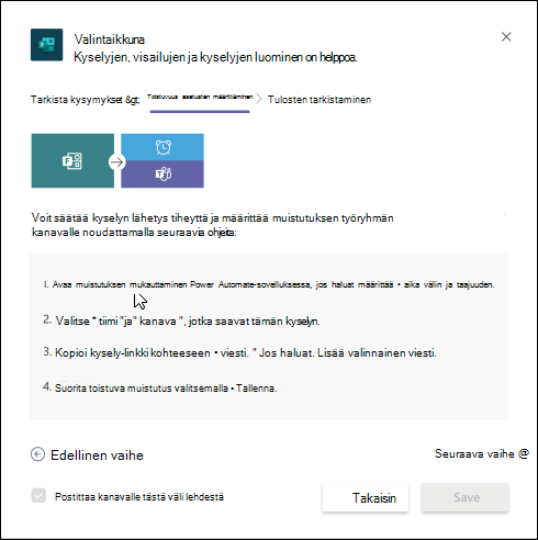 Teamsin Lomakkeet-valintaikkuna, jossa kuvataan, miten voit luoda automaattisen työnkulun kyselyä varten Power Automate -toiminnolla.