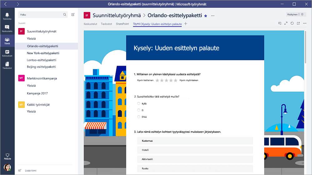 Microsoft Teamsin Lomakkeet-välilehti, jossa näkyy lomake täyttötilassa