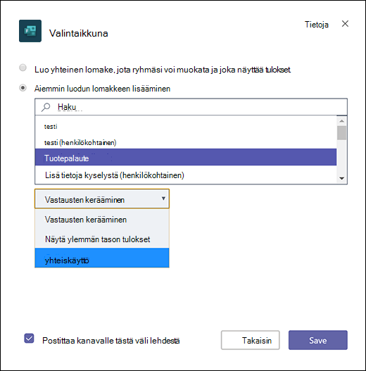 Aiemmin luodun ryhmälomakkeen lisääminen Microsoft Teamsiin