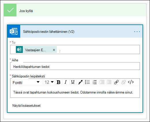 Henkilöiden, aiherivin ja tekstitekstin lisääminen sähköpostiviestiin power automate -toiminnon toimintona