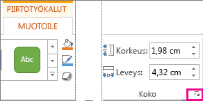 Valintaikkunan avain Piirtotyökalut - Muotoile ‑välilehden Koko-ryhmässä