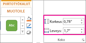 Korkeus- ja Leveys-ruudut Piirtotyökalut - Muotoile ‑välilehdessä