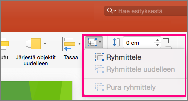 Näyttää Ryhmä-kuvakkeen PowerPoint 2016 for Macin valintanauhassa