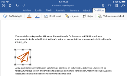 Word iOS:lle, jossa näkyy Grafiikan muokkaus -välilehti