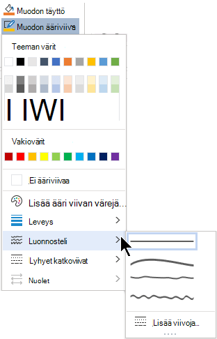 Luonnostellut asetukset Muodon ääriviiva -valikossa.